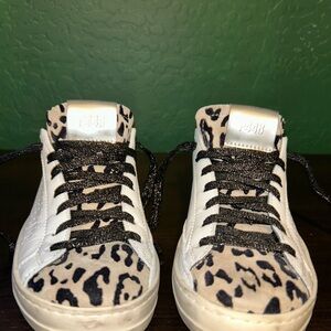 P448 Womens White and Black Leopard Sneakers